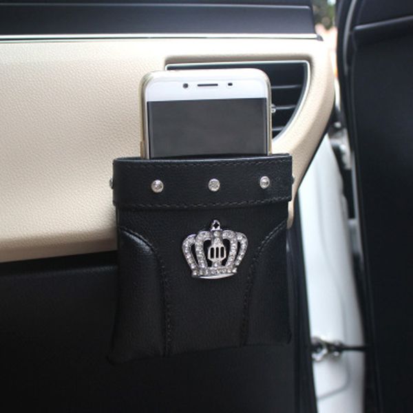 

crown rivets car outlet air vent storage box pu leather auto mobile phone holder bag automobiles interior accessories