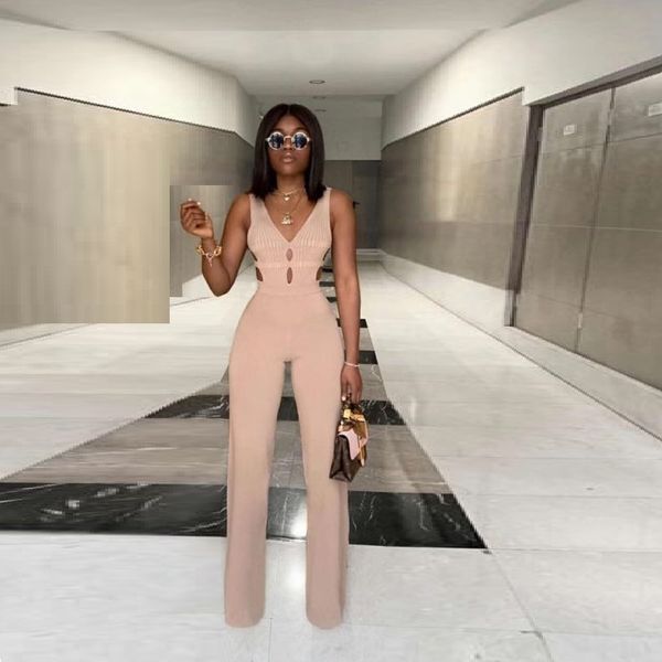 

2019 women bandage hollow out jumpsuits high fashion solid color v-neck sleeveless bodycon party clothes clubwear jumpsuit, Black;white