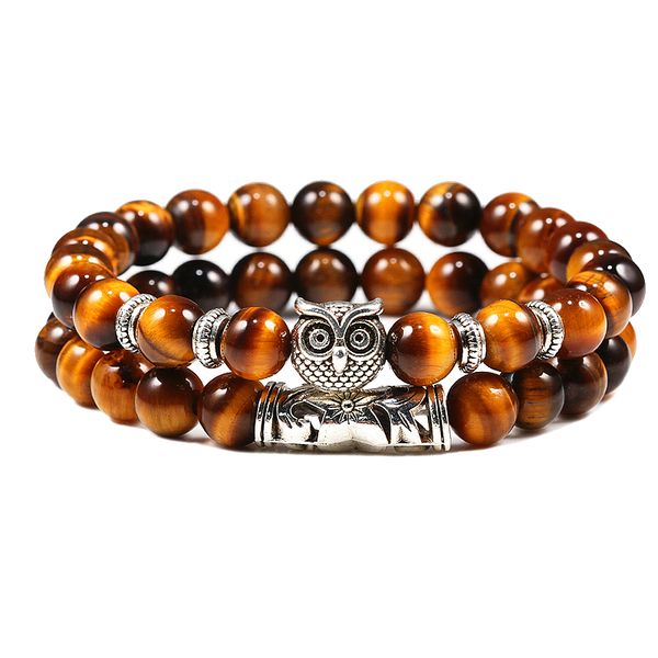 

2pcs/set fashion owl beaded bracelet women men couple natural tiger eye lava stone bracelets bangles classic jewelry pulseira, Black