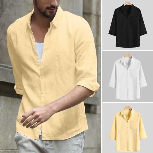 

new style men's t-shirt three quarter sleeve cotton linen soft button with pocket tee solid loose fashion 2019, White;black