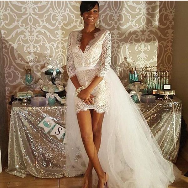 

beach sheath lace wedding dresses with detachable train 3/4 long sleeves v neck high low bridal dress boho vestido de noiva, White