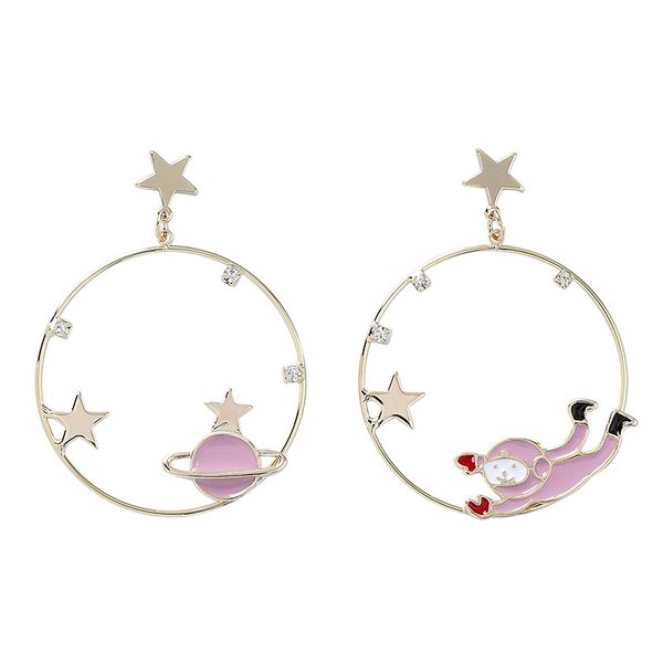 

s925 silver pin japan and korea fashion circle planet stars asymmetric astronaut dangle earrings sweet spaceman drop earrings
