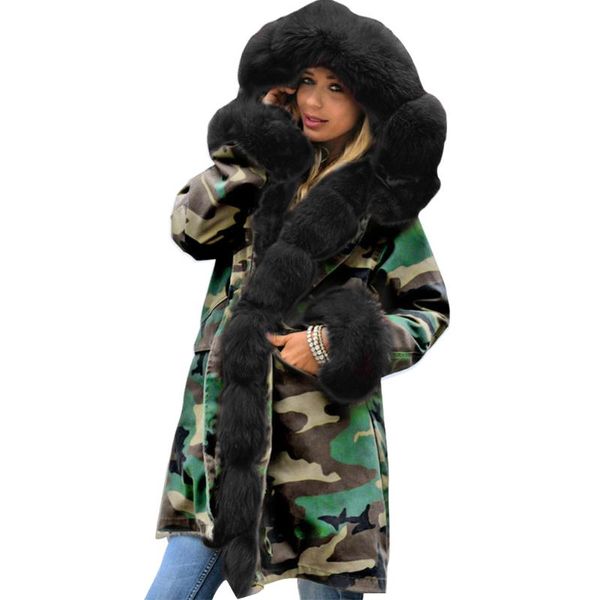

office shopping outwear winter outdoor daily thicken parkas camouflage warm casual women hooded coat faux fur slim, Black