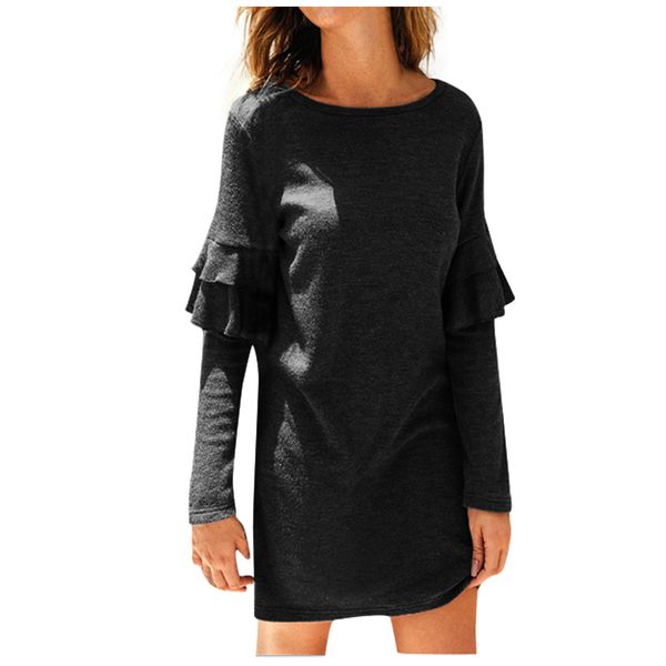 

women's dress ruffles vadim solid dresses long sleeve o-neck ropa mujer draped above knee mini dress a-line vestdos de festa j01, Black;pink