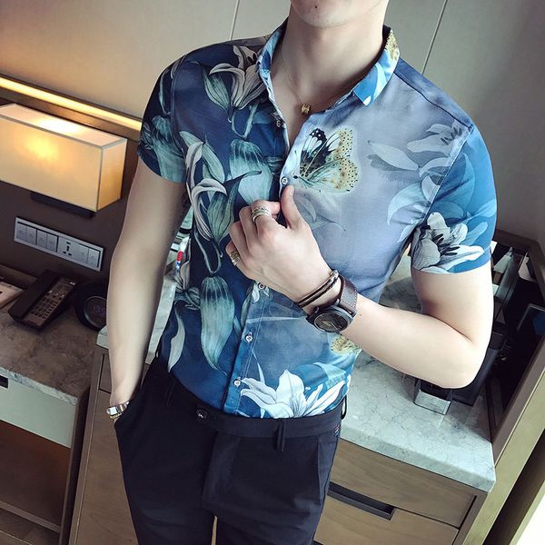 

gzdeerax short sleeve mens shirts flower all printed casual male shirts fashion slim fit summer mens dress, White;black