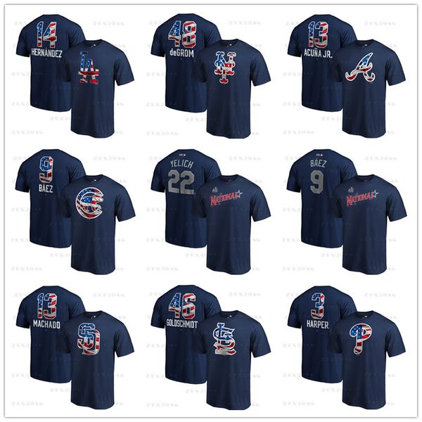 

bryce 3 harper 22 christian yelich freddie 5 an 2019 stars stripes banner wave name number t-shirt mens designer fans tees printed, Black
