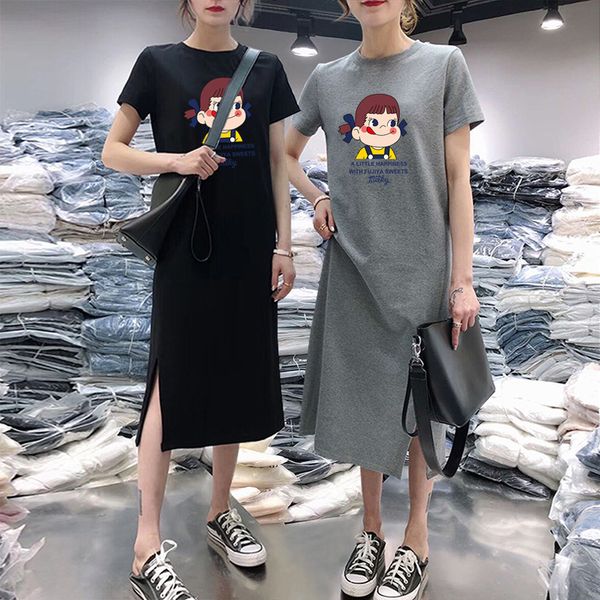 

designer women dress short-sleeved dress female summer 2019 new casual loose long section over the knee large size fat sister t-shirt skirt, Black;gray