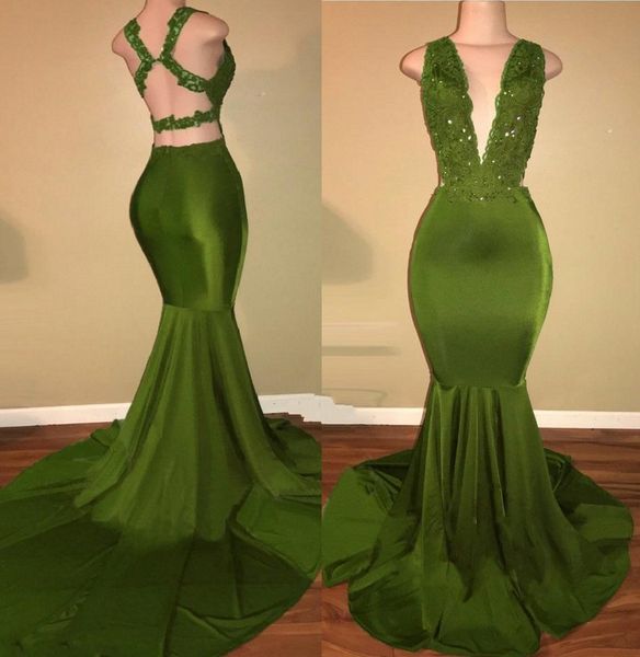 

african olive green mermaid prom dresses satin beaded lace appliqued sweep train arabic party evening dresses, Black