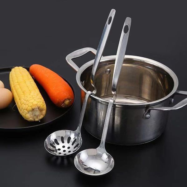 

cooking colander skimmer strainer stainless steel wall hanging long handle soup spoon set cookware pot kitchen accessories
