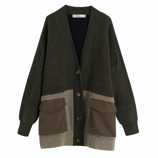 

women's knits & tees autumn 2021 fashion long sleeve patchwork pockets women loose cardigan sweaters, White