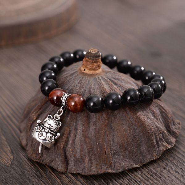 

lucky wealthy cat charm bracelets obsidian red tiger eye stones couple trendy jewelry, Black