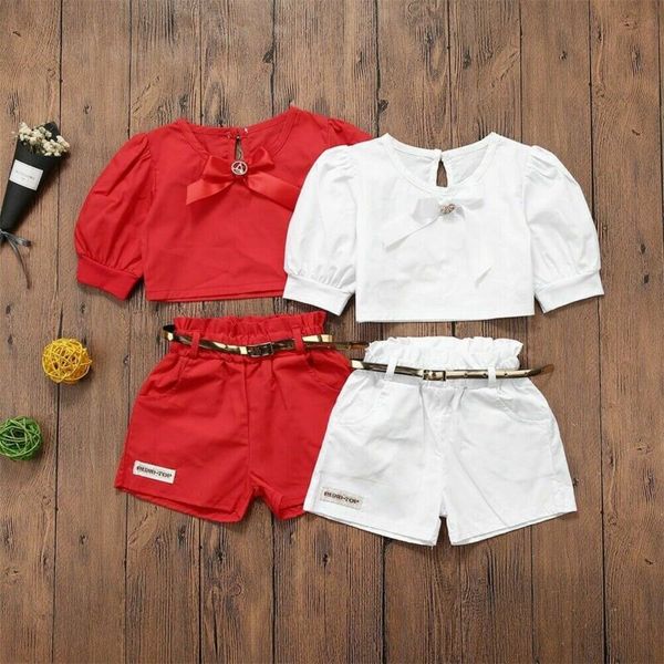 

toddler kids clothes baby girl 2pcs set puff sleeve t-shirt casual crop + shorts pants outfits summer, White