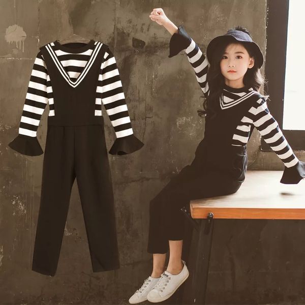 

kids girls clothes sets autumn winter rompers pants teenager 2 pieces suits stripe children clothing set 6 7 8 9 10 11 years, White