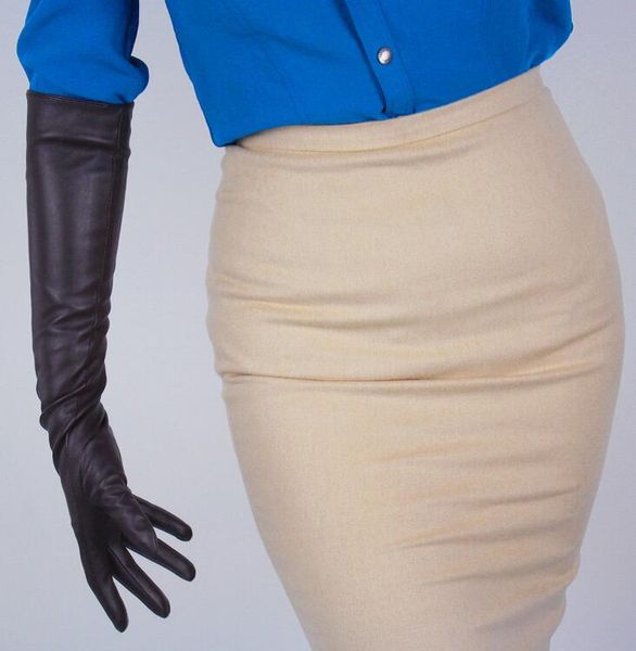 

women' fashion elegant faux pu leather glove lady' club performance formal party dark brown color long driving glove 50cm r648, Blue;gray