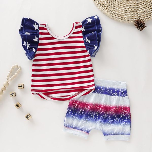 

2pcs/set summer baby boys girls casual flare sleeve stripe star print t-shirt +shorts #e, White