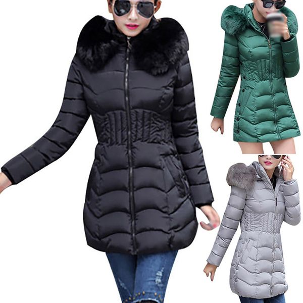 

abrigos mujer invierno 2019 winter puffer jacket fur hooded padded coat women long thick slim warm parka outerwear hot, Black