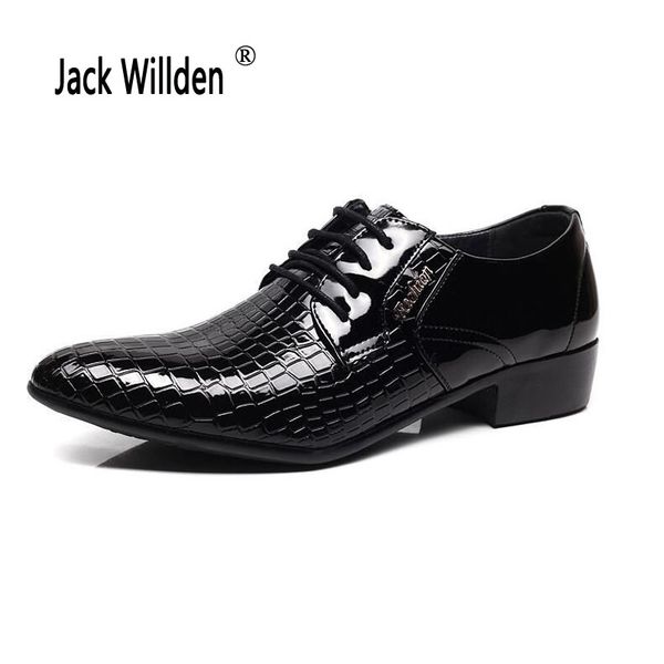 

jack willden men's fashion patent leather dress shoes italian elegant party wedding flats lace-up men bussiness casual shoes, Black