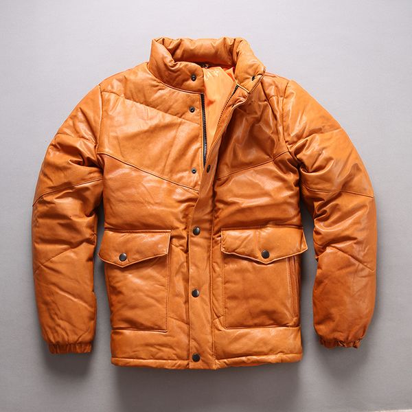 

2019 men's leather down jacket stand collar goat skin duck down genuine leather jacket men yellow winter coat men, Black
