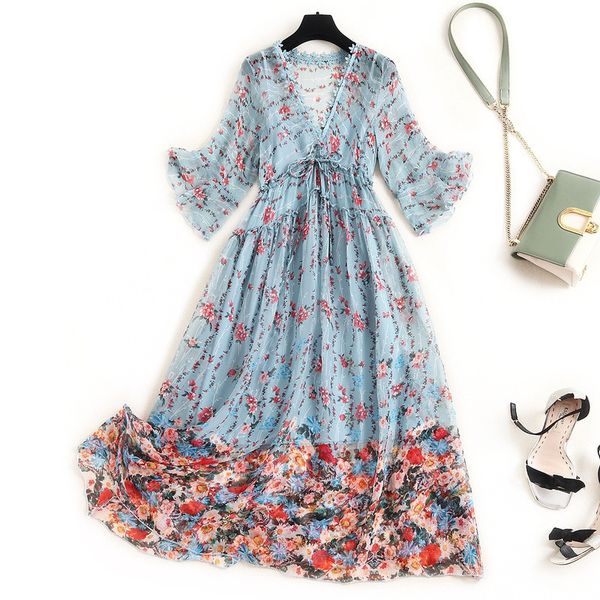 

2020 summer fashion women high end v neck half flare sleeves floral printed mulberry silk elegant chiffon drawstring pink dress, White;black