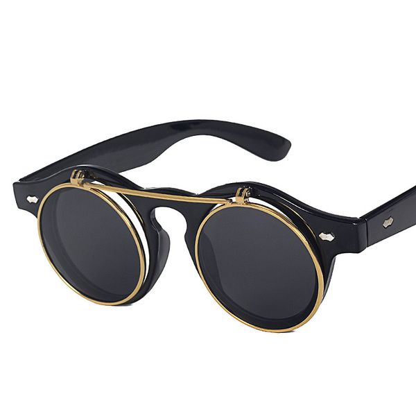 Vintage erkekler kadınlar siyah ucuz güneş gözlüğü yuvarlak plastik gözlük steampunk tarzı flip up punk güneş gözlüğü Gafas de sol