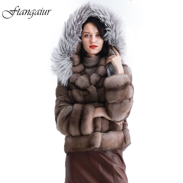 

ftangaiur 2019 winter women russian sable gypsophila mink coat with hood custom-made women's luxury short real coats, Black