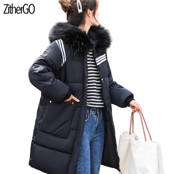 

2019 parka women winter coats long cotton casual fur hooded jackets women thick warm winter parkas female overcoat coat, Black