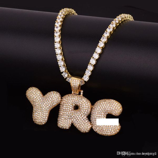 

custom name bubble letters pendants necklaces men's hip hop jewelry women zircon with gold silver 5mm tennis chain 20