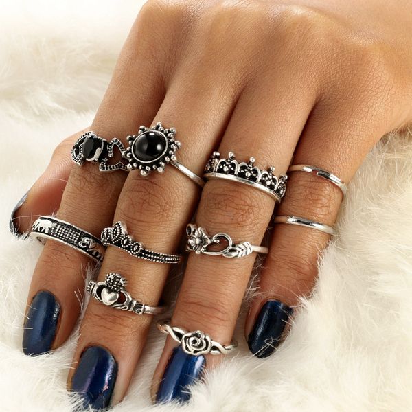 

new fashion geometric rings for women vintage ethnic black crystal opal ring set silver color boho statement rings wholesale, Slivery;golden
