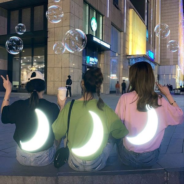 

students' short-sleeved t-shirt women's loose reflective moon dark funeral girlfriends fashion students' short-sleeved t-shir, White