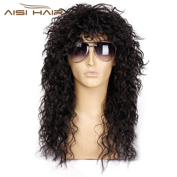 

aisi hair 20inches long men gothic rock punk style men wig synthetic wig for man heat resistant fiber hair cosplay, Black