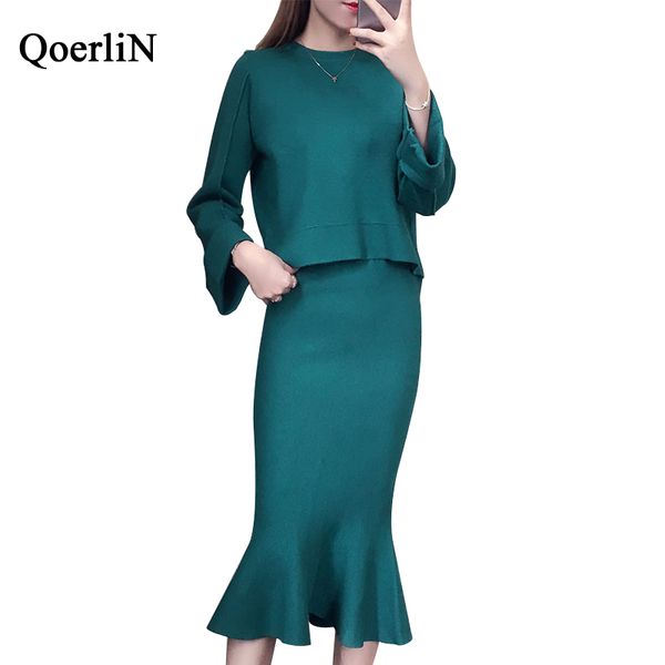 

qoerlin solid mermaid skirts suits knitting high waist skirt school 2 piece fashion plus size skirts sets women knitwear auutmn, Gray