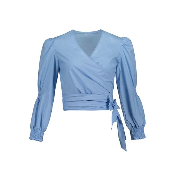 

Young17 Autumn Blouse Blue Lantern Sleeve Elegant Lace-Up Plain V-Neck Slim Fashion Work Clothing Short Fall Tops Women Shirt