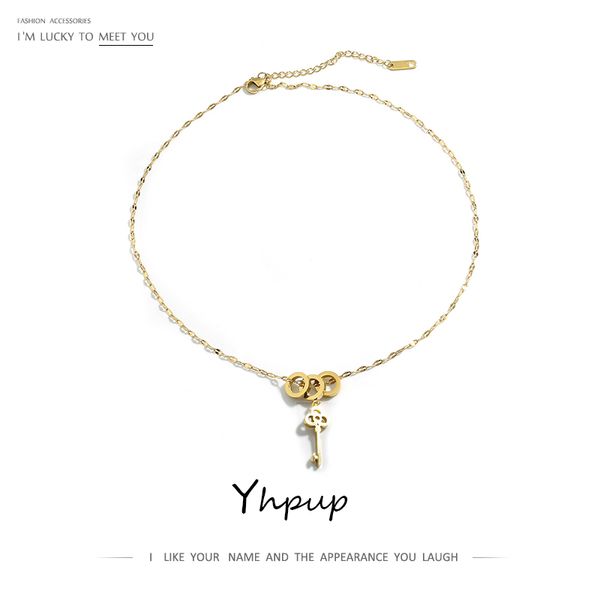 

yhpup 316l stainless steel necklace romantic gold circle key pendant necklace water wave chain jewelry for female christmas gift, Silver