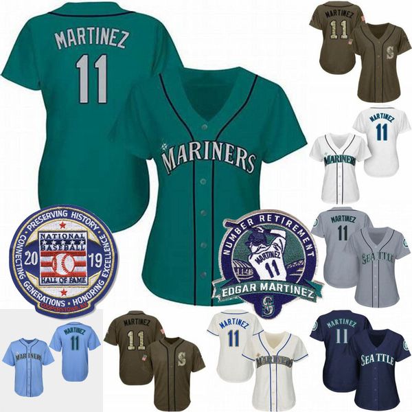 

Womens and Youth Seattle 11 Edgar Martinez Number Retirement Patch 2019 Baseball Hall Of Fame Mariners Baseball Jerseys Size S-2XL