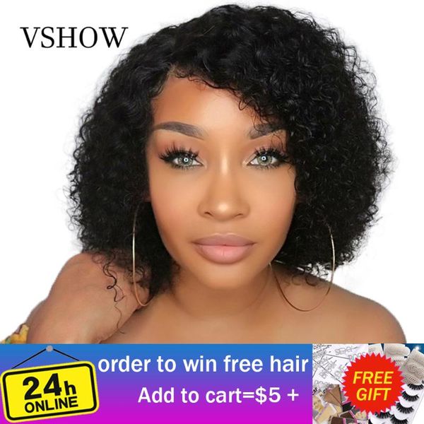 

vshow 13x4 malaysian water wave short bob wigs with baby hair remy lace front human hair wigs 150% density lace front, Black;brown