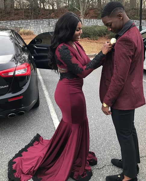 

2019 new arrival burgundy mermaid evening dresses black applique long sleeves evening gowns dresses evening wear robes de soirée, Black;red