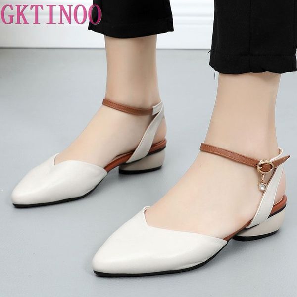 

gktinoo 2020 buckle strap women sandals pointed toe summer shoes thick heels women sandals soft genuine leather big size shoes, Black