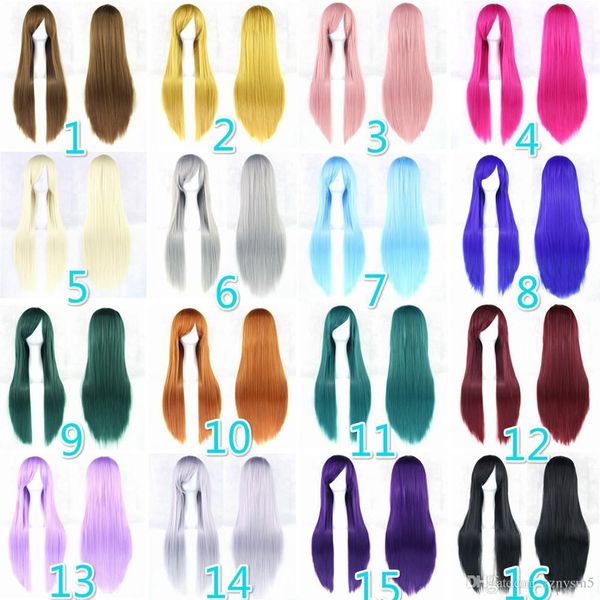 

24 colors 80cm long synthetic hair wig for women heat resistant fiber hairpiece pink gray straight cosplay wigs ing, Black
