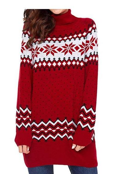 

2019 autumn winter sweater women long sleeve sweater dress pullovers long patchwork snowflake knitwear turtleneck pullover, White;black