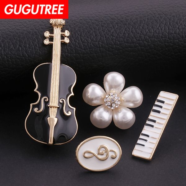 

gugutree brooch breastpin pearl flower piano violin note patch metal patches badges applique patches for clothing hh-38, Black