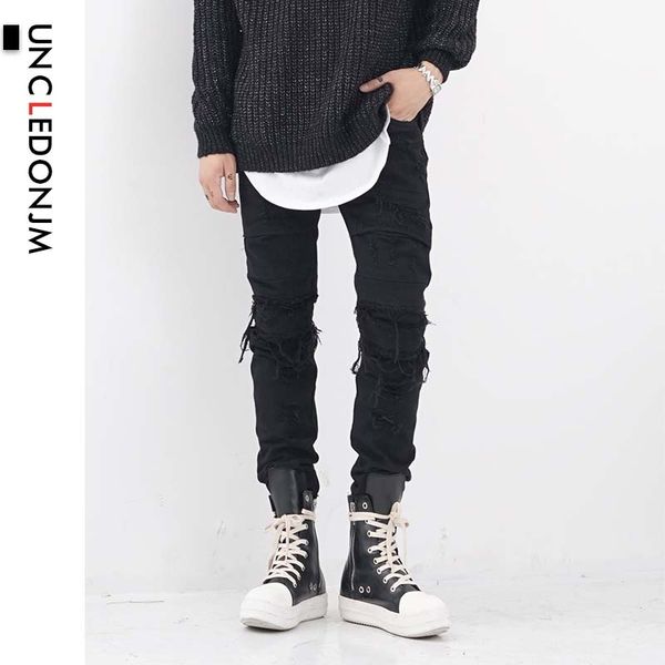 

uncledonjm mens cool designer brand black jeans skinny ripped destroyed stretch slim fit hop hop pants with holes tid-999, Blue