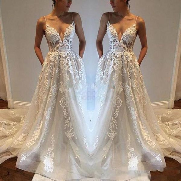 

2019 pallas haute lace applique country wedding dresses modest spaghetti backless elegant beach boho vintage bridal gowns 1205, White