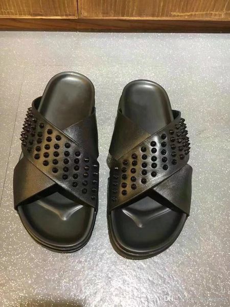 

Designer Sandals Red Bottom Slippers Mens Black Genuine Leather With Spikes Summer Flip Flops Luxury Sandals Flat Soft Leather Slides US 12