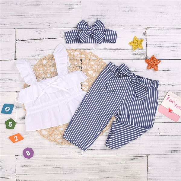 

summer girl kids clothes set sleeveless rabbit ear sling blue striped trousers+bows headband 3pcs sets kids designer clothes girls jy372, White