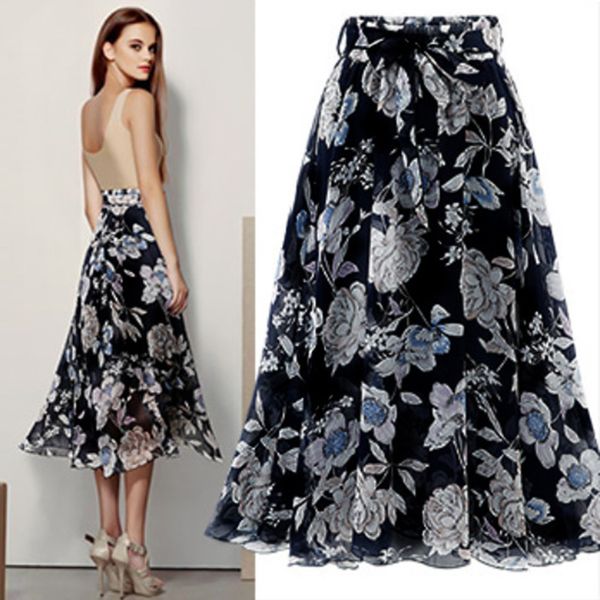 

2019 new wild skirt for womens bandage plain ladies soft stretch flared printed skater midi skirt jupe femme 42, Black