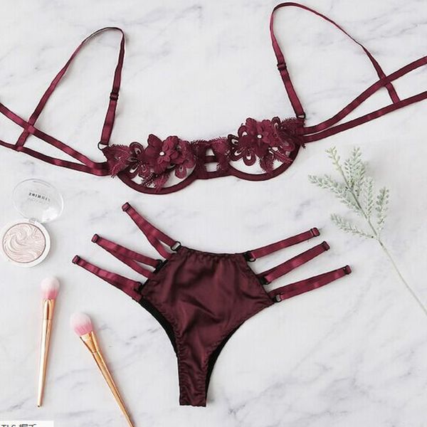 

1 set lingerie women lace bra underwear satin silk bandage g-string lace up lingerie set bras unpadded, Red;black