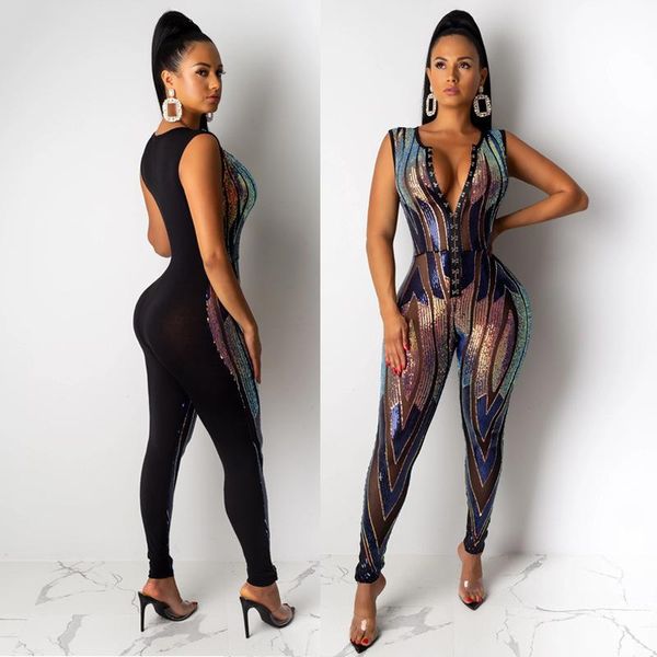 

2019 women fashion skinny see though romper women bodycon deep v-neck pyjamas lady's sequined front mesh rompler buttoned jumpsuit, Black;white