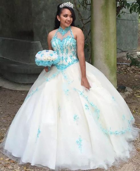 

charming appliqued ball gown quinceanera dresses halter neck beaded sweet 16 dress tulle floor length sequined corset masquerade gowns, Blue;red