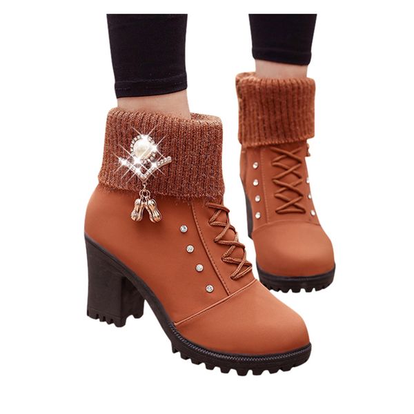 

crystal women's winter shoes fashion ladies ankle square heels boots lace up high heel roman casual shoes botas mujer invierno, Black