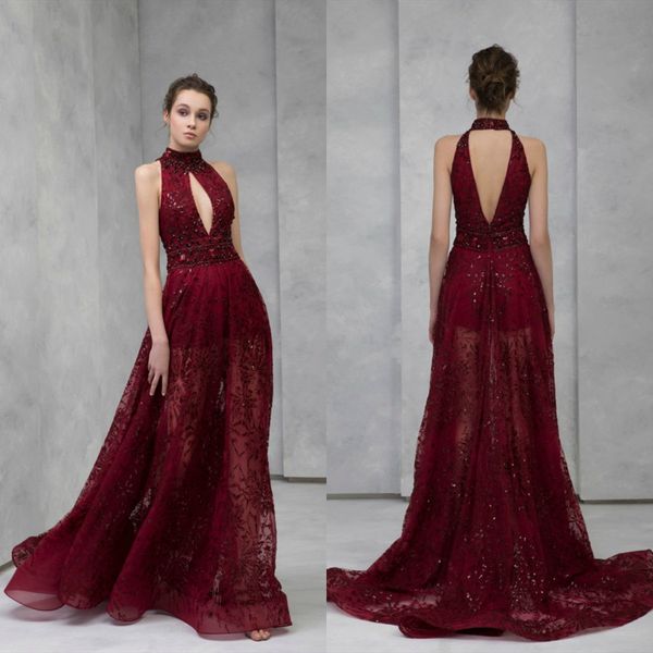 

2020 tony ward burgundy evening dresses lace appliqued sequined high neck prom dress sweep train formal party gowns robes de soirée, Black;red